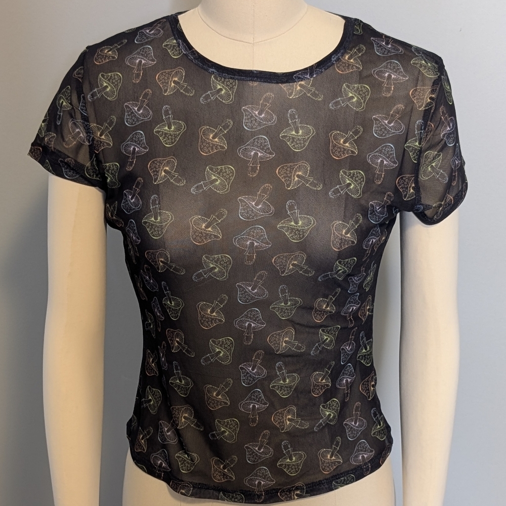 Rue21 Black Sheer Rave Festival Top Multicolor Mushroom Print Size Medium